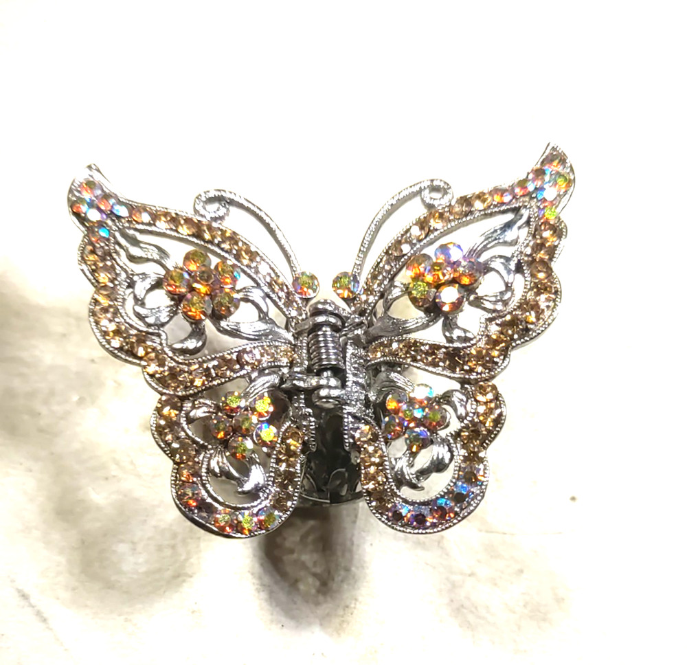 Red Rhinestone Butterfly Silver Tone Hair Barrette Clip Pony Tail Iridescent